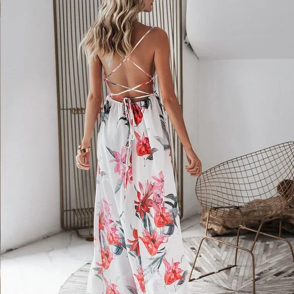 New Floral Print Backless Wrap Split Slip Dress - Picture 4 of 7